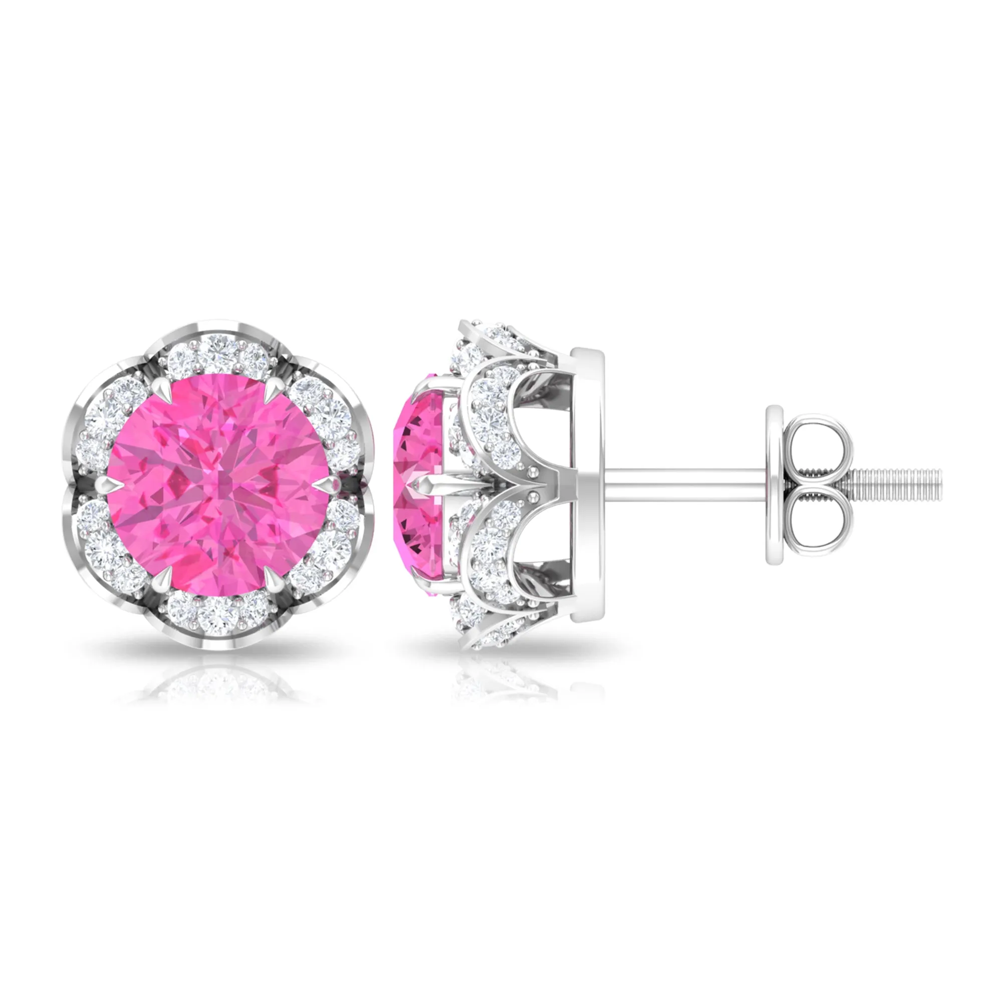 Pink Sapphire and Diamond Flower Stud Earrings