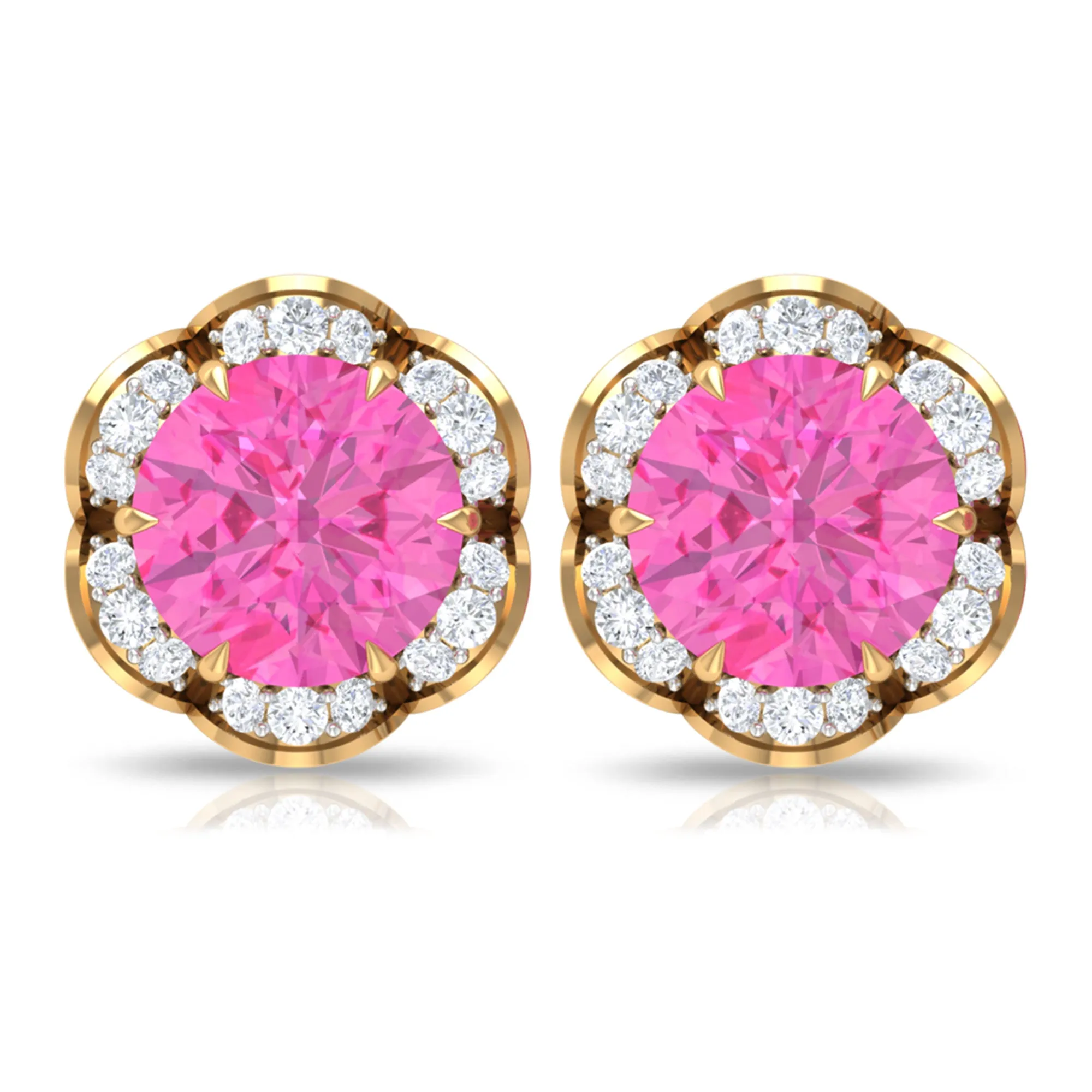 Pink Sapphire and Diamond Flower Stud Earrings