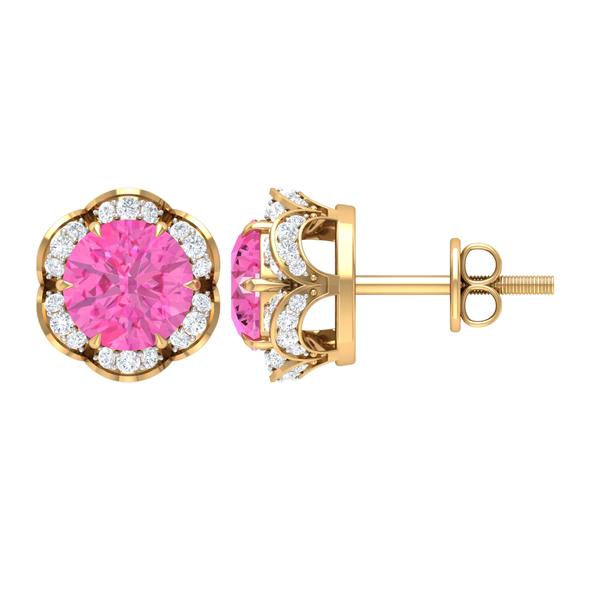 Pink Sapphire and Diamond Flower Stud Earrings