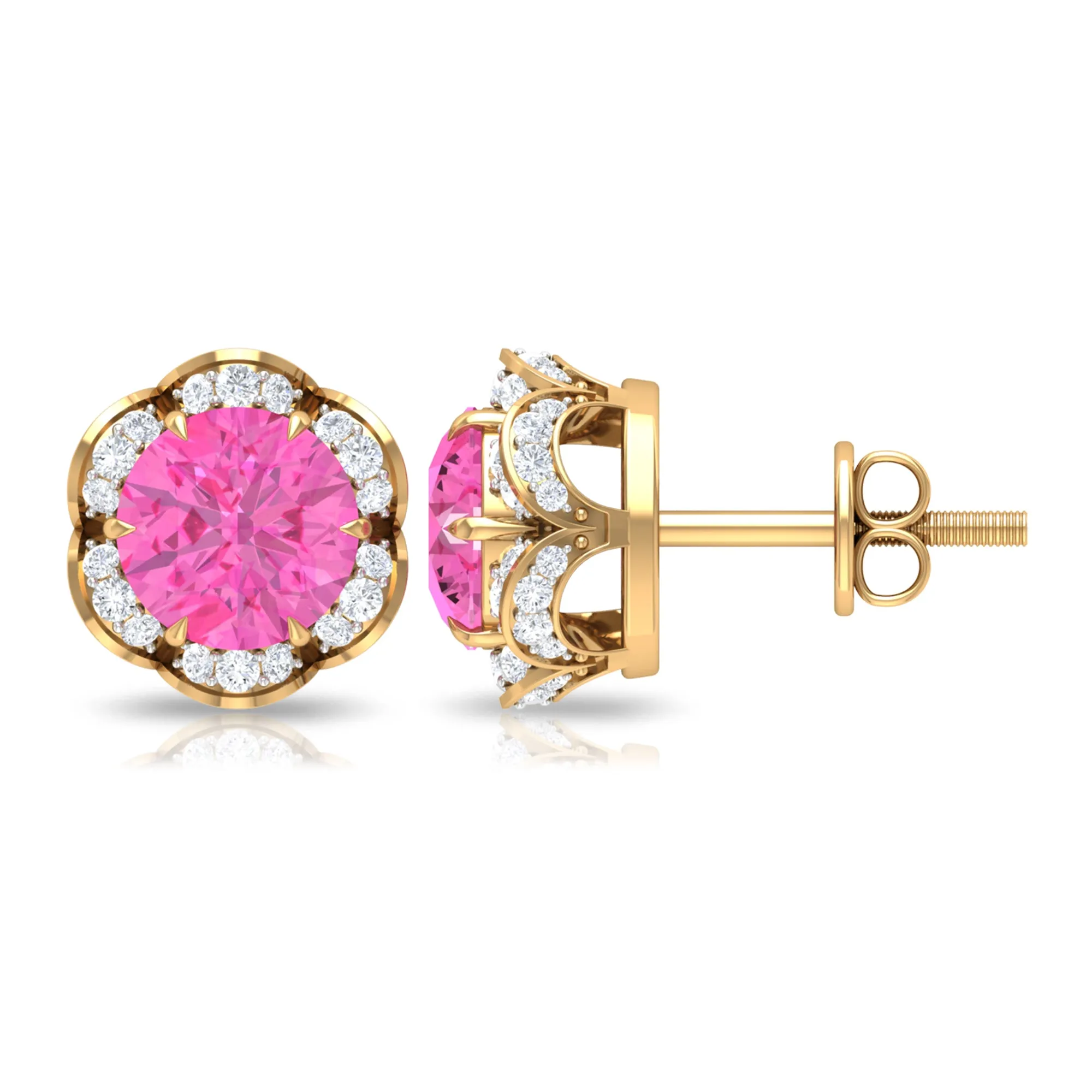 Pink Sapphire and Diamond Flower Stud Earrings