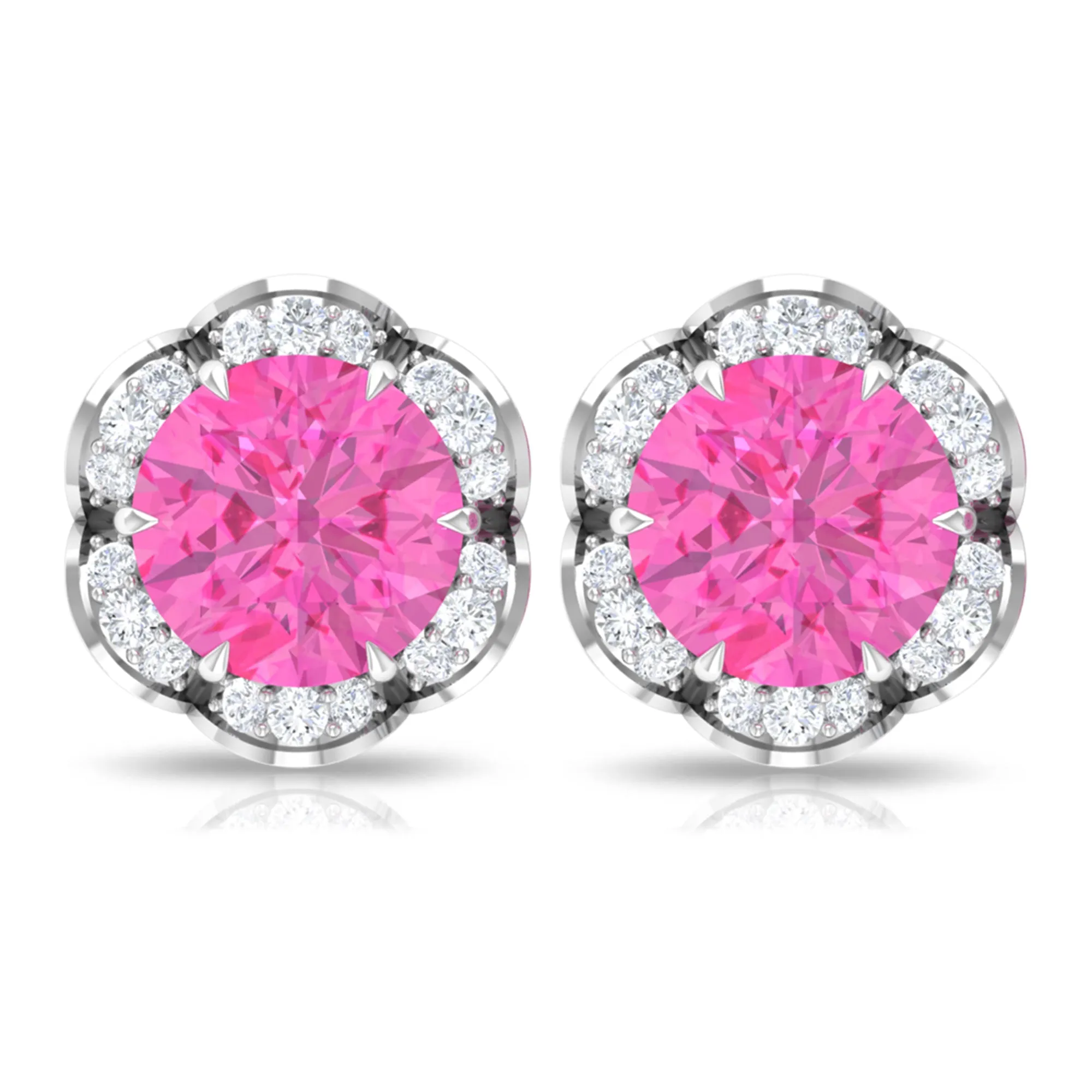 Pink Sapphire and Diamond Flower Stud Earrings