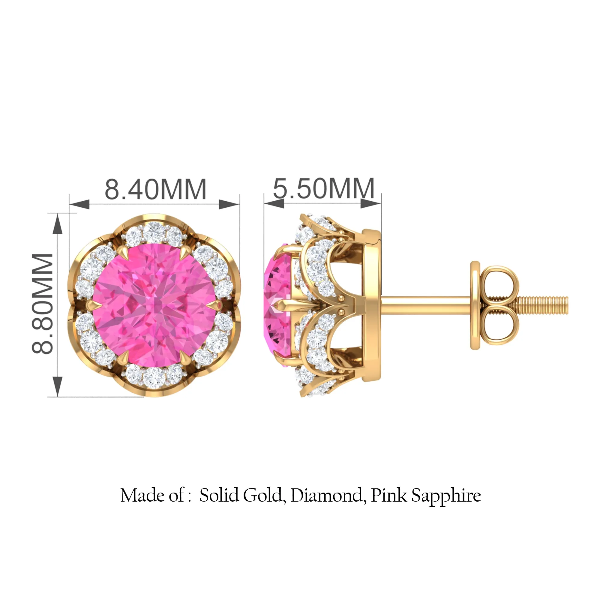 Pink Sapphire and Diamond Flower Stud Earrings