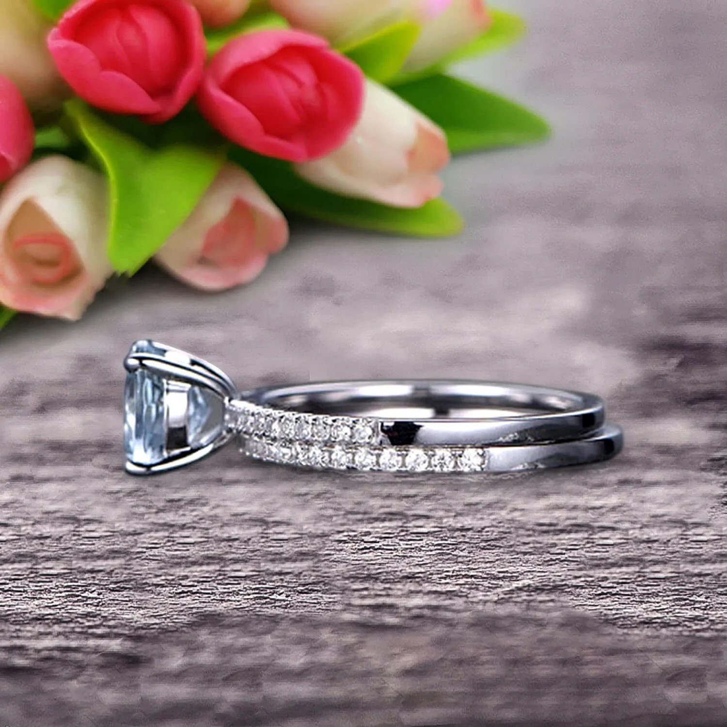 Round Cut 1.50 Carat Stacking Matching Band Aquamarine Engagement Ring Bridal Set Anniversary Gift 10k White Gold