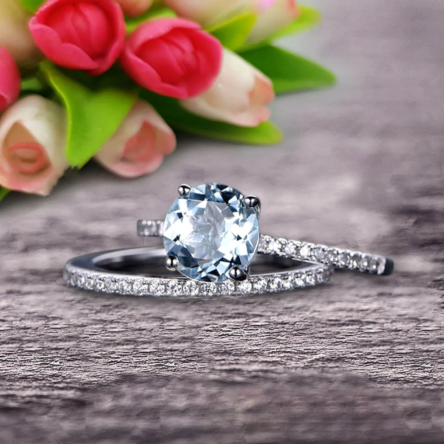 Round Cut 1.50 Carat Stacking Matching Band Aquamarine Engagement Ring Bridal Set Anniversary Gift 10k White Gold