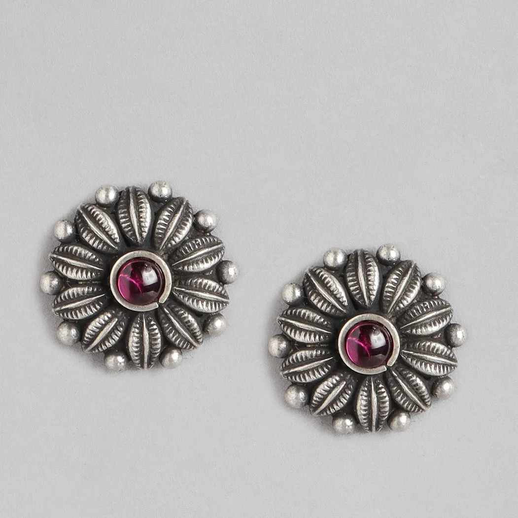 Ruby Flower Oxidised 925 Sterling Silver Earrings