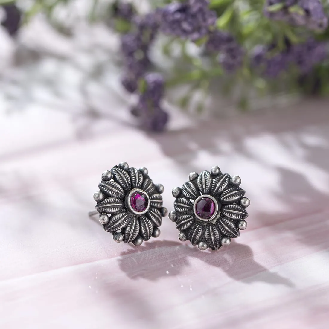 Ruby Flower Oxidised 925 Sterling Silver Earrings