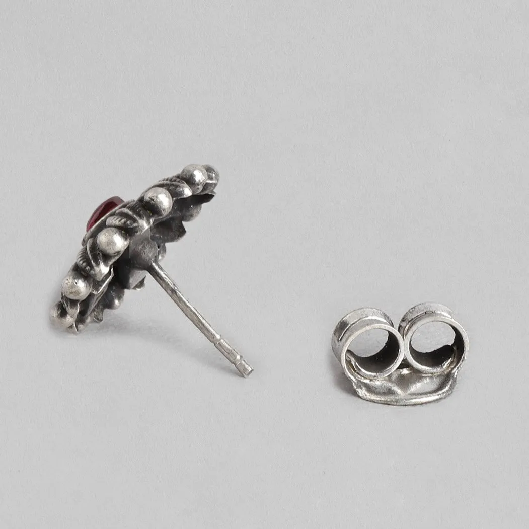 Ruby Flower Oxidised 925 Sterling Silver Earrings