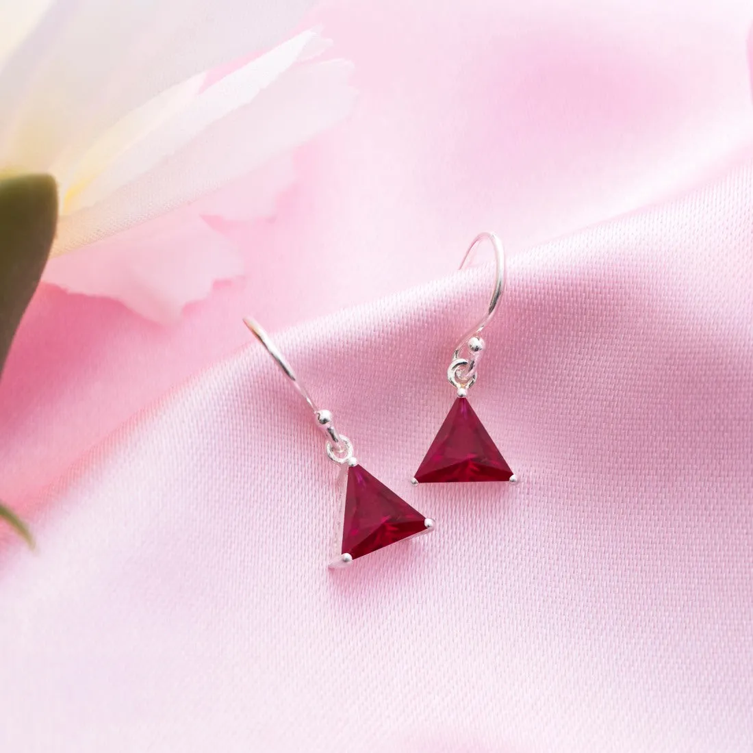 Ruby Radiance Rhodium Plated Red CZ 925 Sterling Silver Triangle Earrings