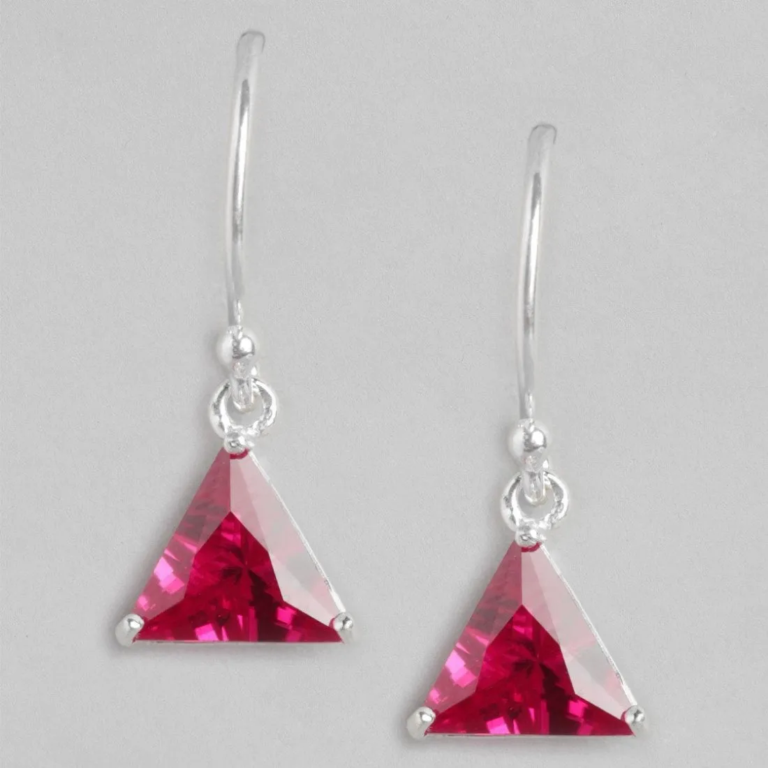 Ruby Radiance Rhodium Plated Red CZ 925 Sterling Silver Triangle Earrings
