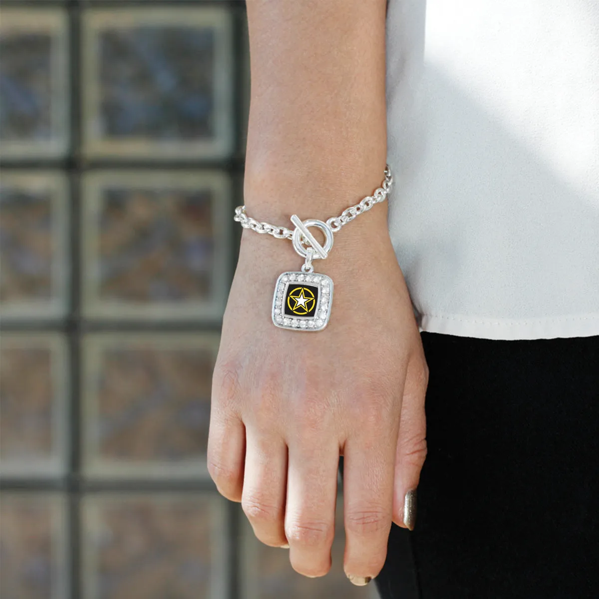 Silver Army Star Square Charm Toggle Bracelet