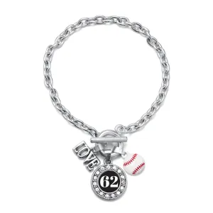 Silver Baseball - Sports Number 62 Circle Charm Toggle Bracelet