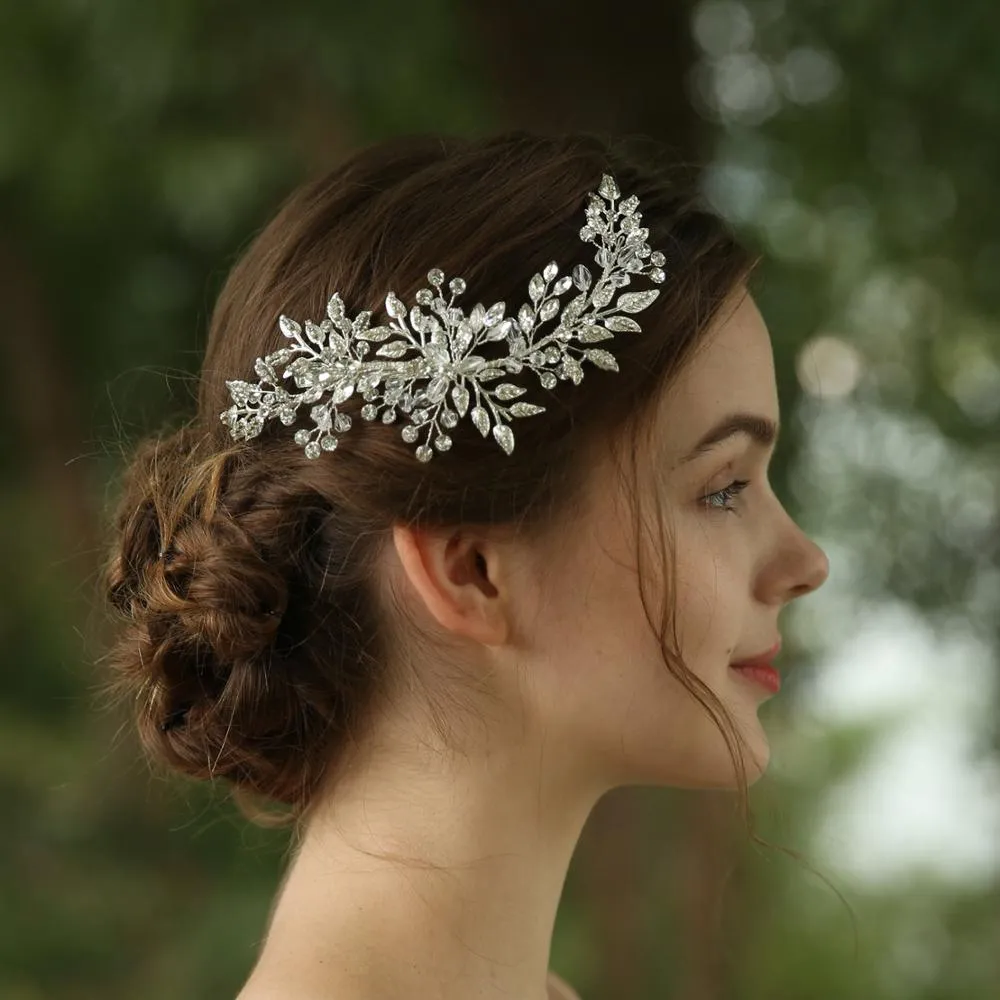 Silver Colour Leaf Rhinestone Clip Headband Bridal Hair Clip