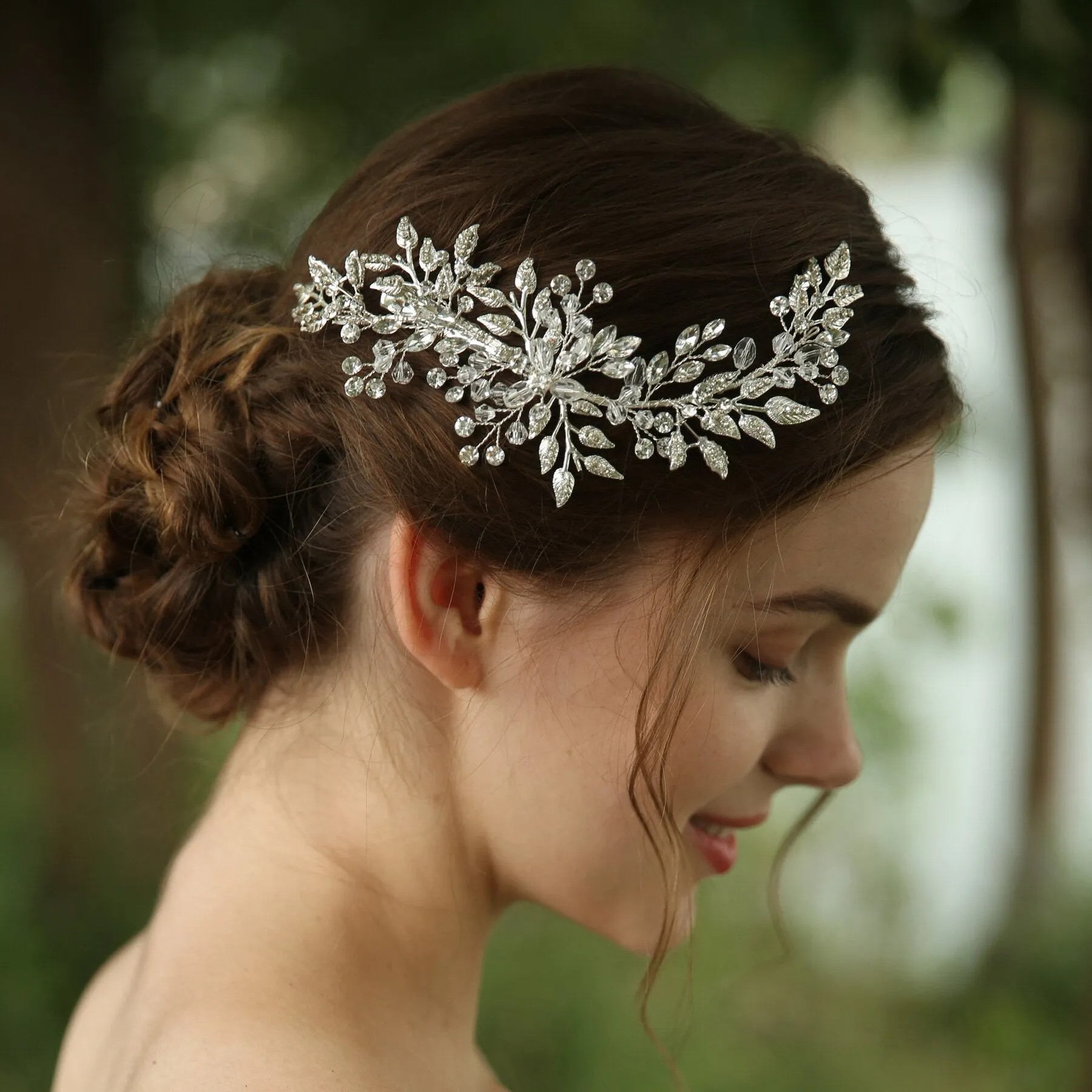 Silver Colour Leaf Rhinestone Clip Headband Bridal Hair Clip