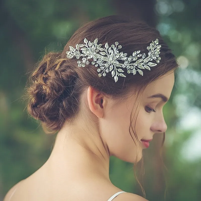 Silver Colour Leaf Rhinestone Clip Headband Bridal Hair Clip