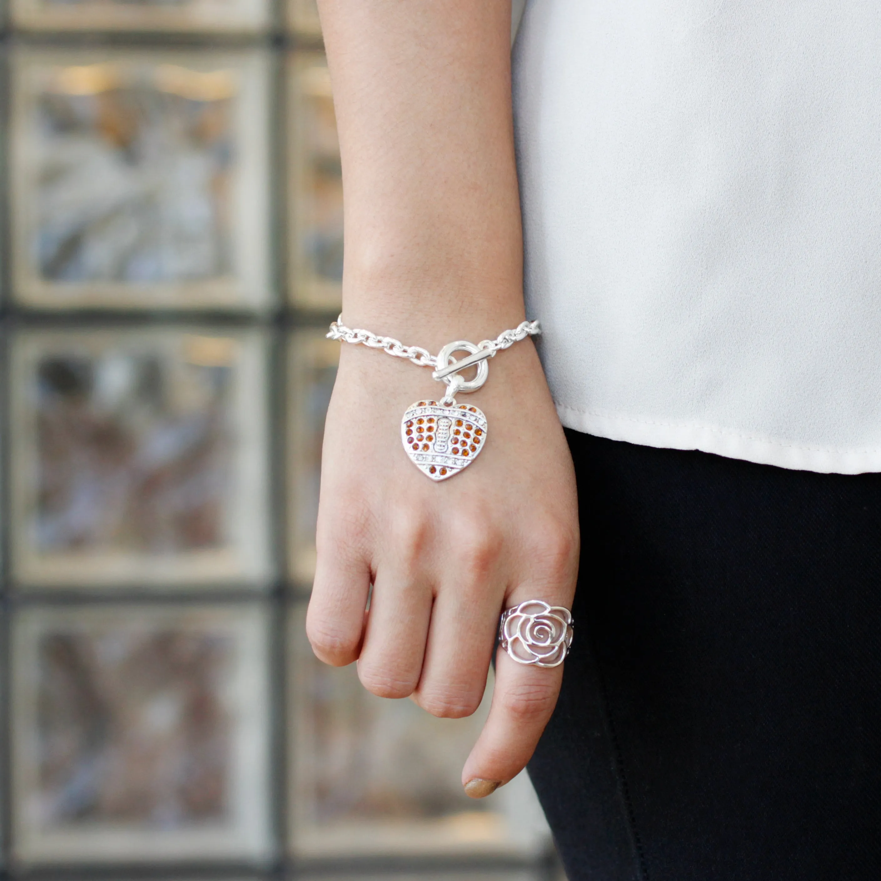 Silver Football Heart Charm Toggle Bracelet