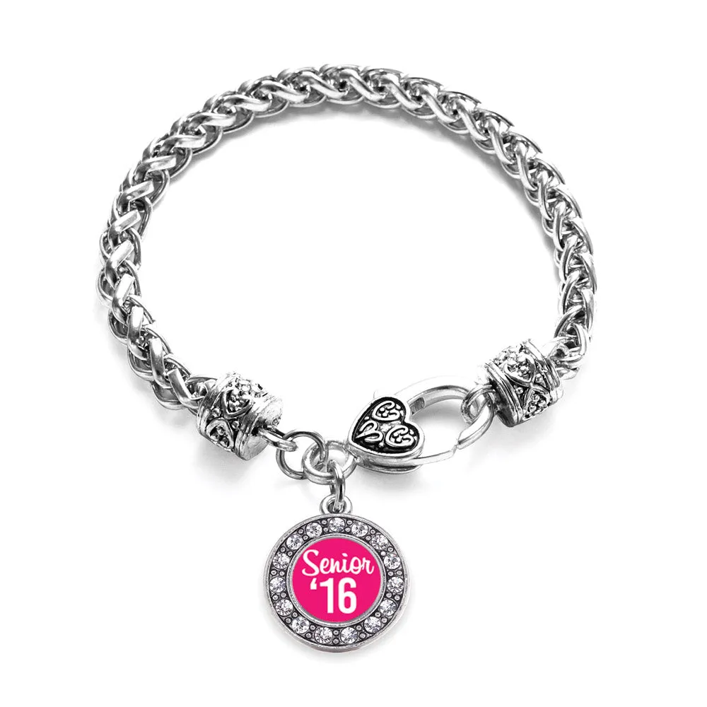Silver Fuchsia Senior '16 Circle Charm Braided Bracelet