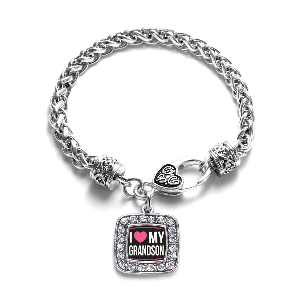 Silver I Love my Grandson Square Charm Braided Bracelet