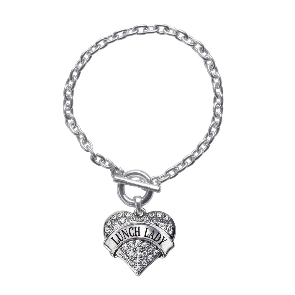 Silver Lunch Lady Pave Heart Charm Toggle Bracelet