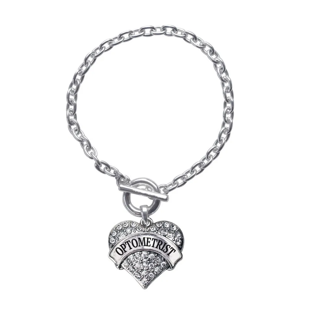 Silver Optometrist Pave Heart Charm Toggle Bracelet