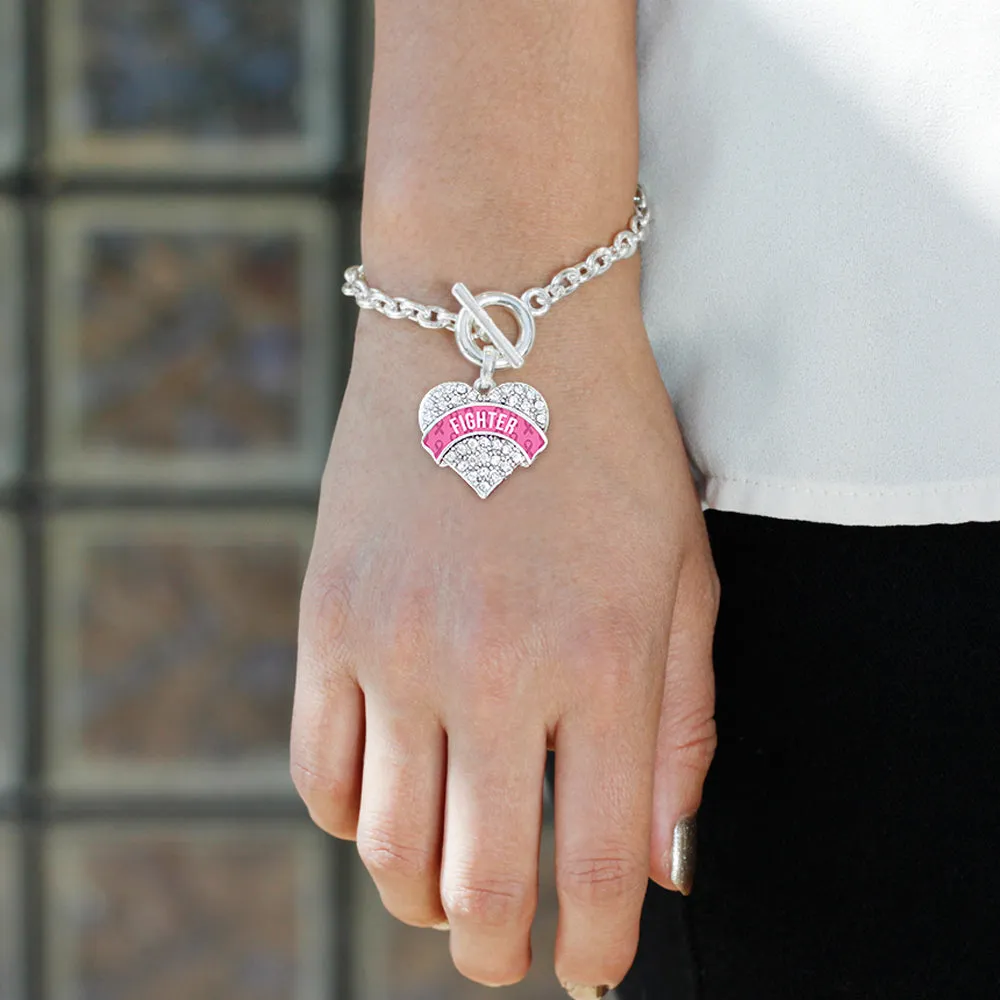 Silver Pink Fighter Pave Heart Charm Toggle Bracelet