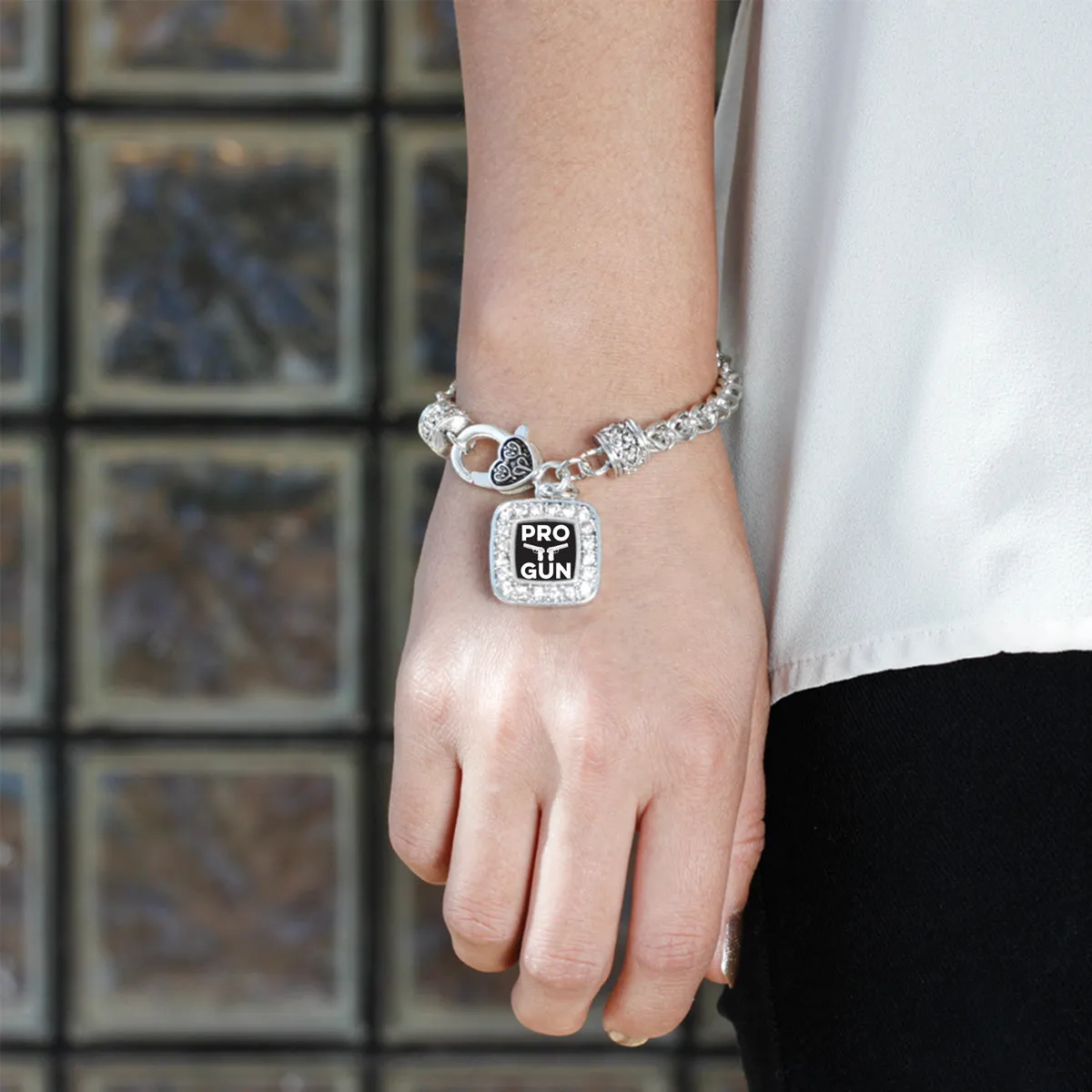 Silver Pro Gun Square Charm Braided Bracelet