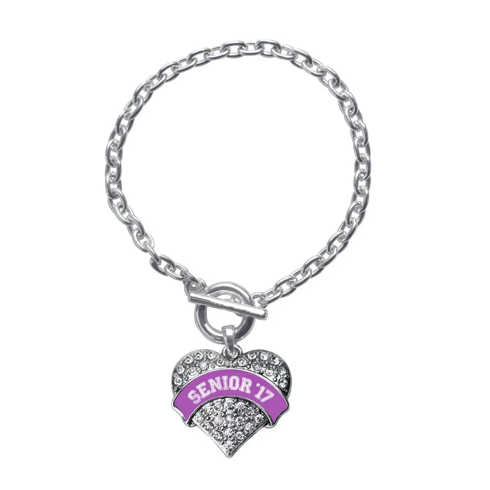 Silver Purple Senior 2017 Pave Heart Charm Toggle Bracelet