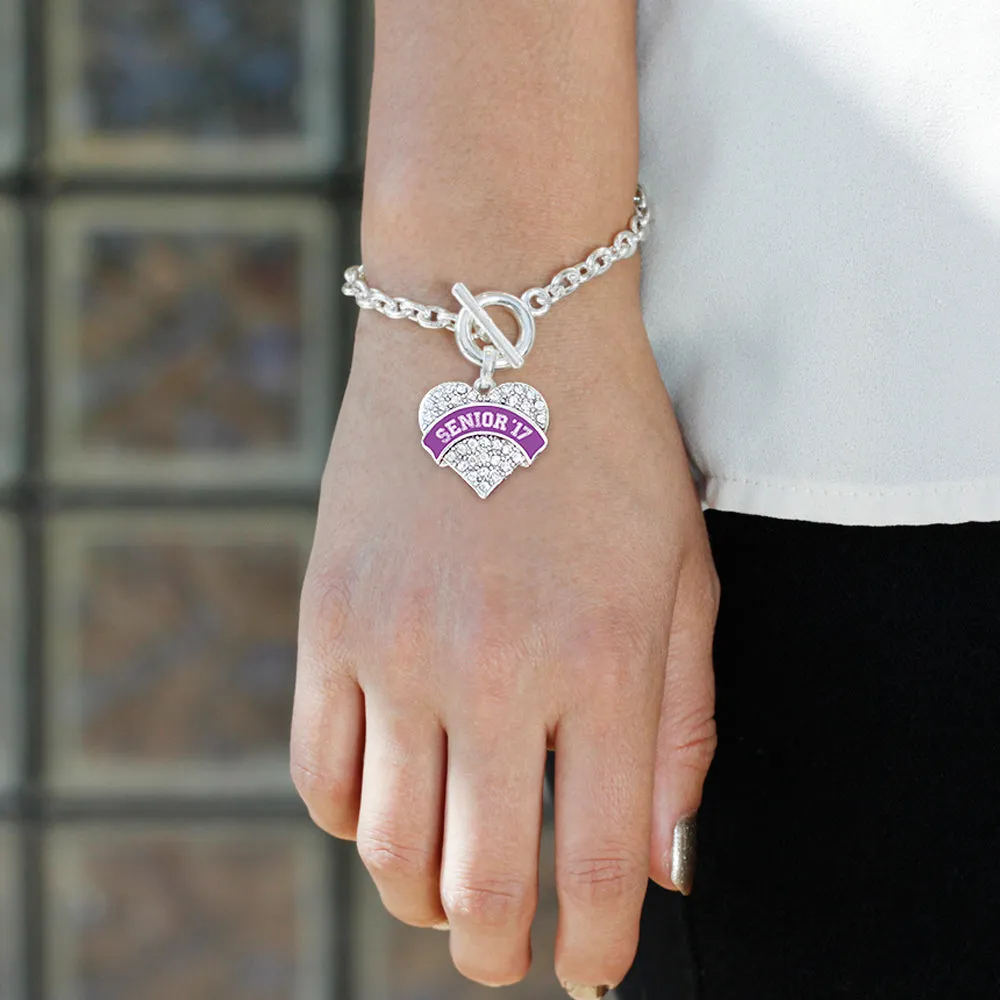 Silver Purple Senior 2017 Pave Heart Charm Toggle Bracelet