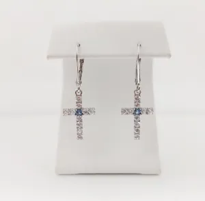 Silver Simulated Blue Zircon/Diamond Cross Earrings