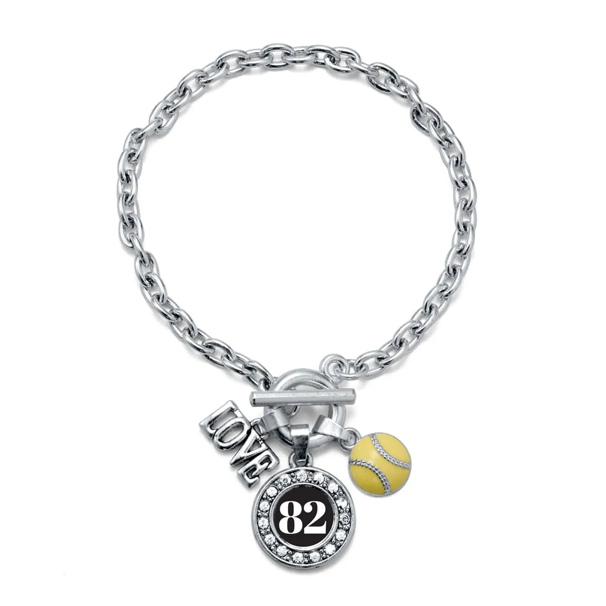 Silver Softball - Sports Number 82 Circle Charm Toggle Bracelet