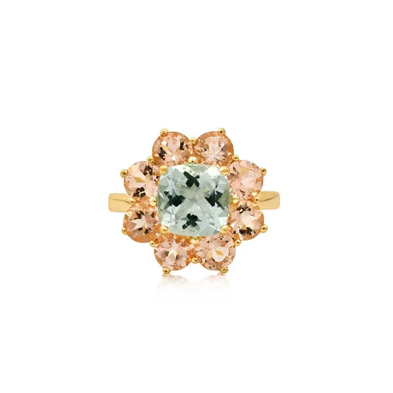 Statement Morganite Flower Ring with Aquamarine Center