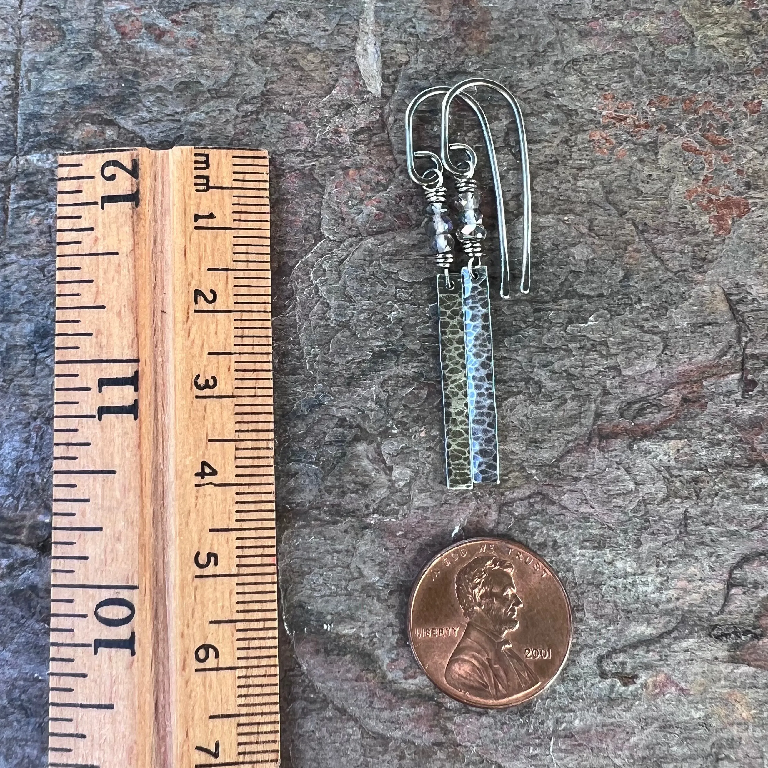 Sterling Silver Mystic Topaz Earrings - Genuine Topaz and Hammered Sterling Silver Bar Earrings