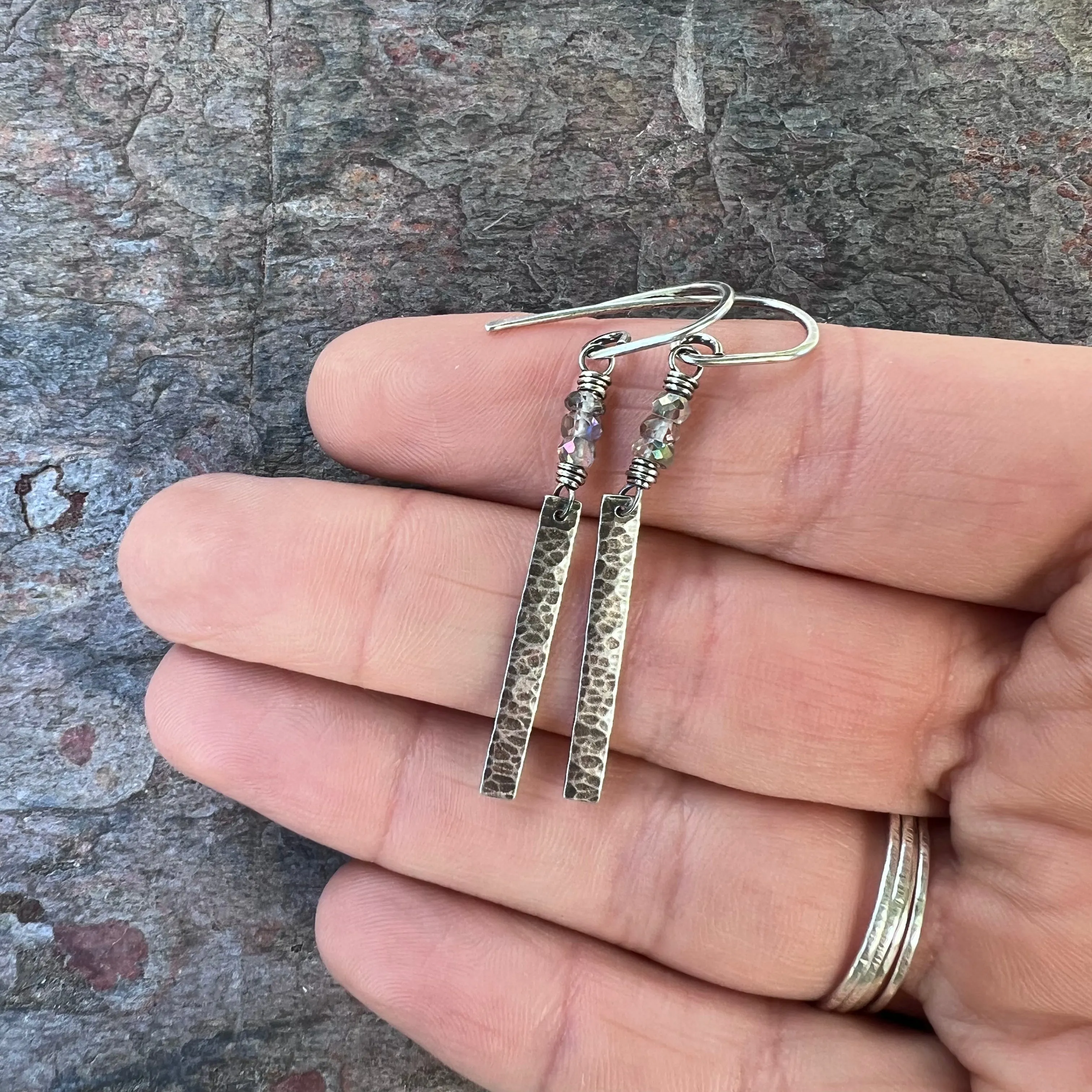 Sterling Silver Mystic Topaz Earrings - Genuine Topaz and Hammered Sterling Silver Bar Earrings