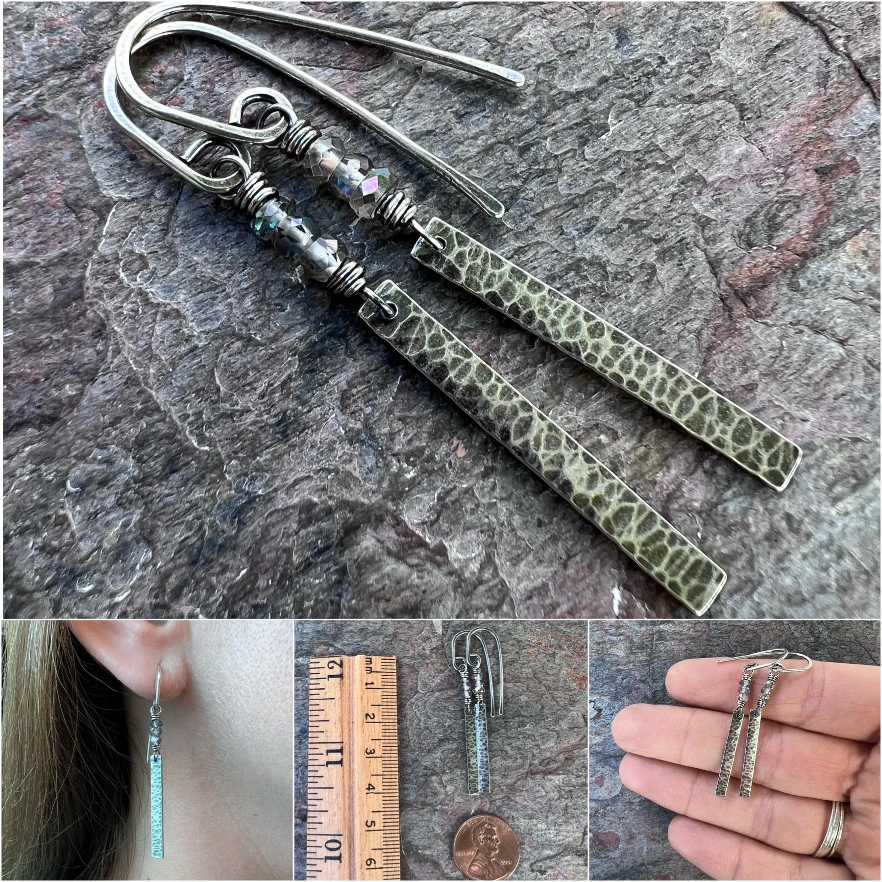 Sterling Silver Mystic Topaz Earrings - Genuine Topaz and Hammered Sterling Silver Bar Earrings
