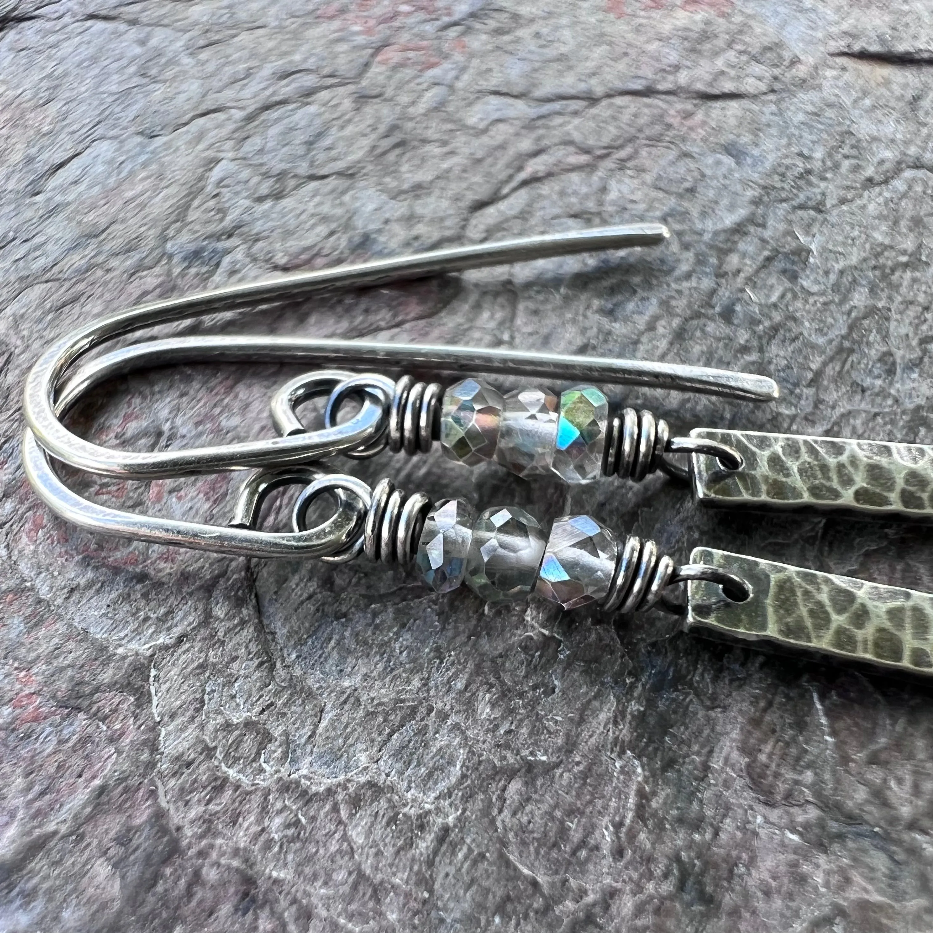 Sterling Silver Mystic Topaz Earrings - Genuine Topaz and Hammered Sterling Silver Bar Earrings