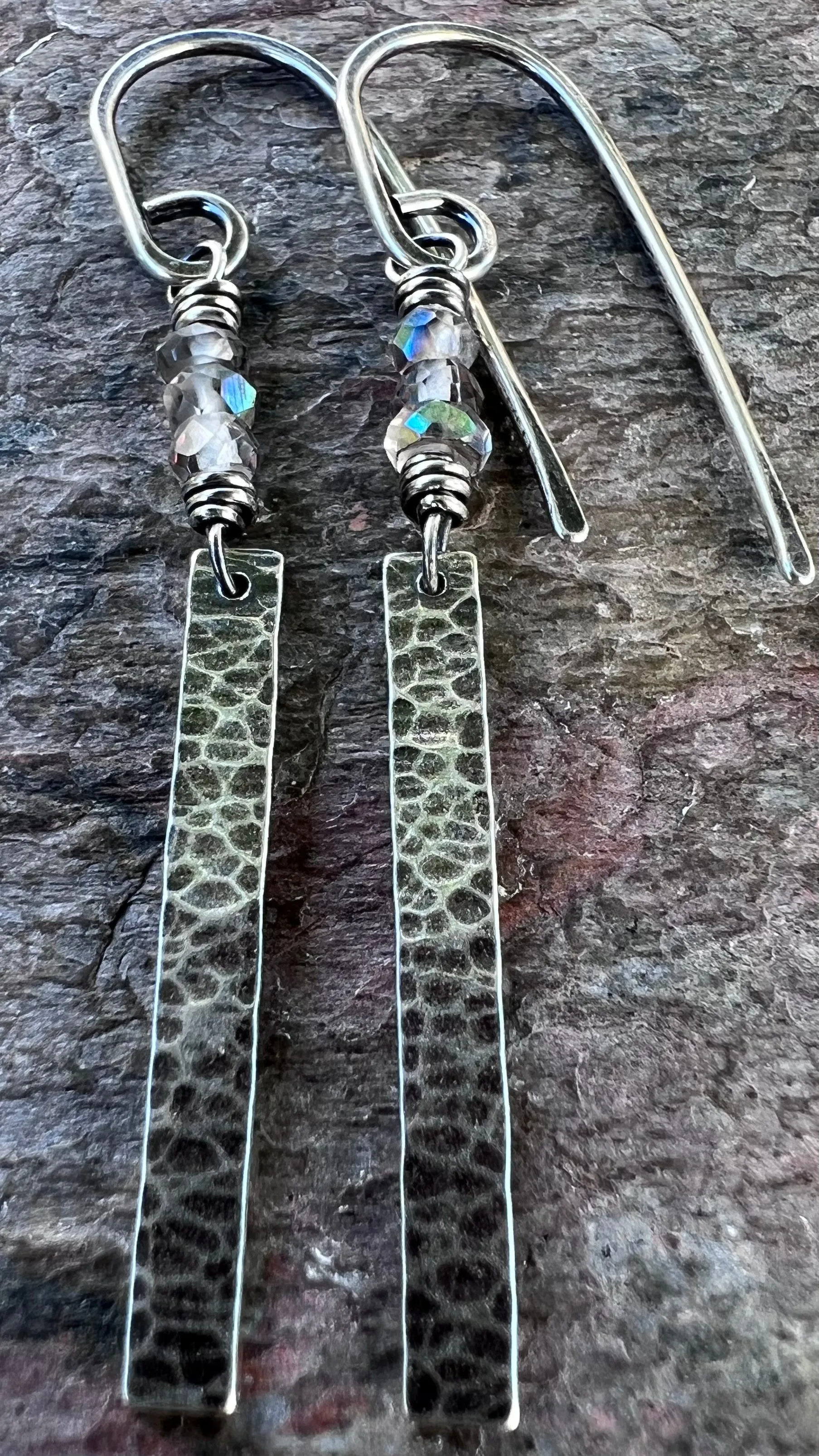 Sterling Silver Mystic Topaz Earrings - Genuine Topaz and Hammered Sterling Silver Bar Earrings
