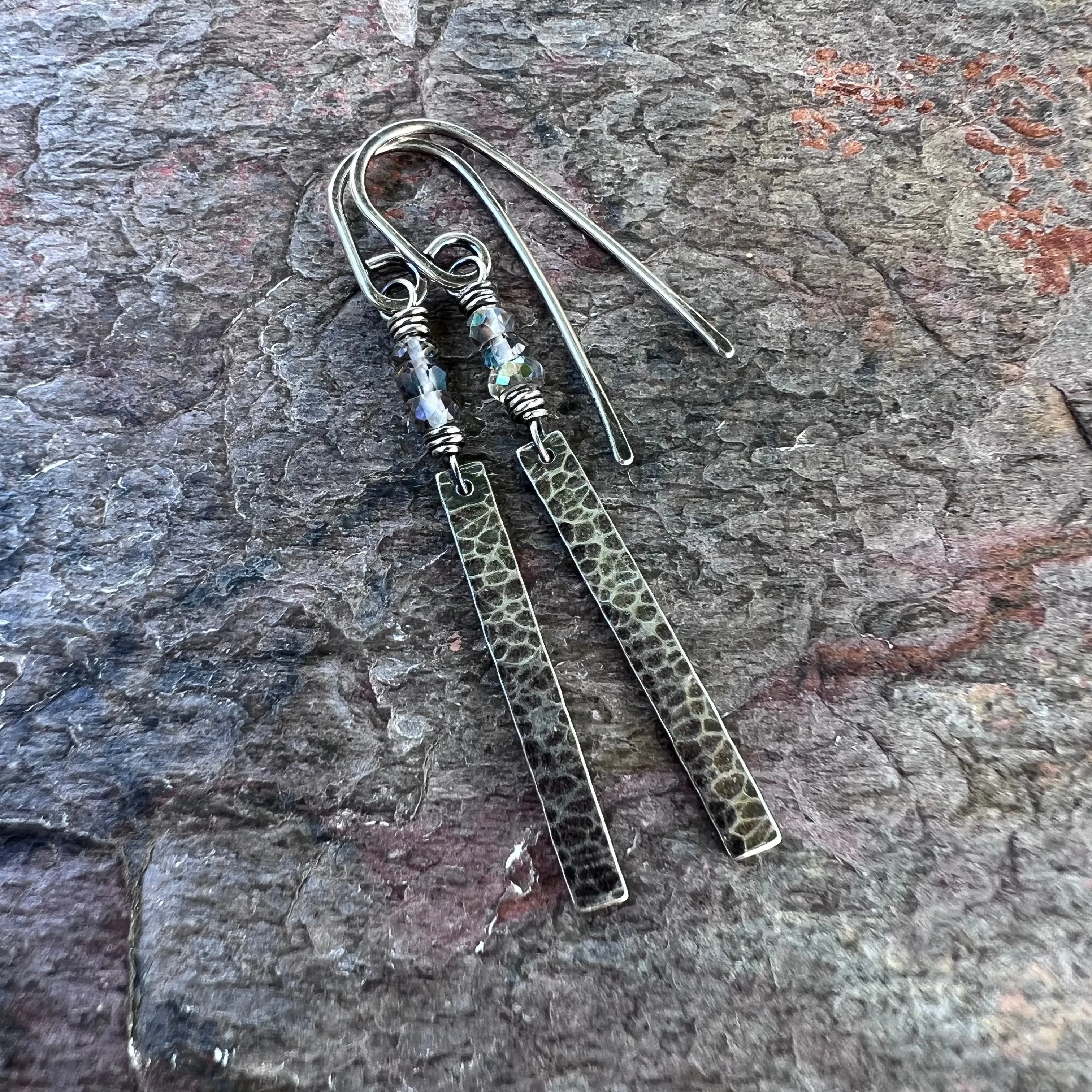 Sterling Silver Mystic Topaz Earrings - Genuine Topaz and Hammered Sterling Silver Bar Earrings