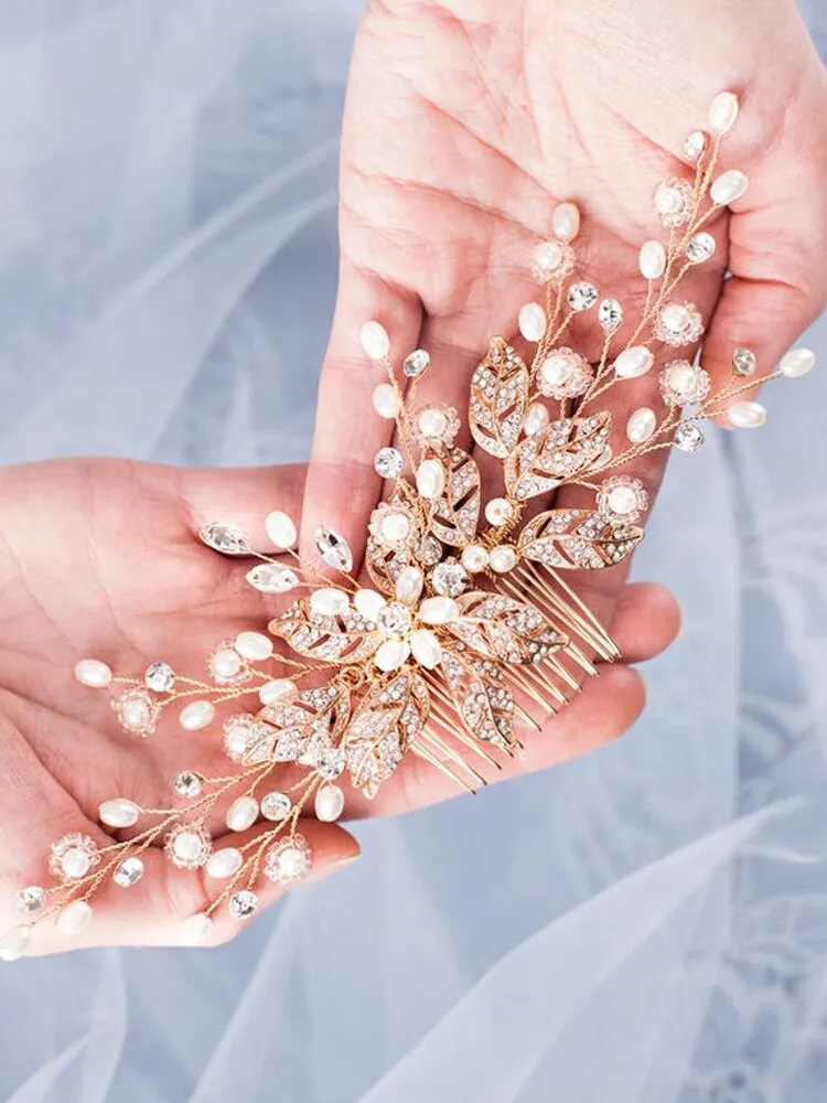 Trendy Leaf Pearl Rose Gold Hair Comb