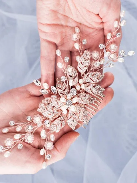 Trendy Leaf Pearl Rose Gold Hair Comb