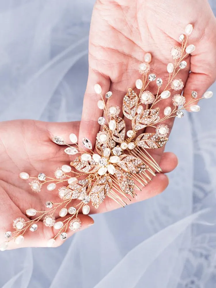 Trendy Leaf Pearl Rose Gold Hair Comb