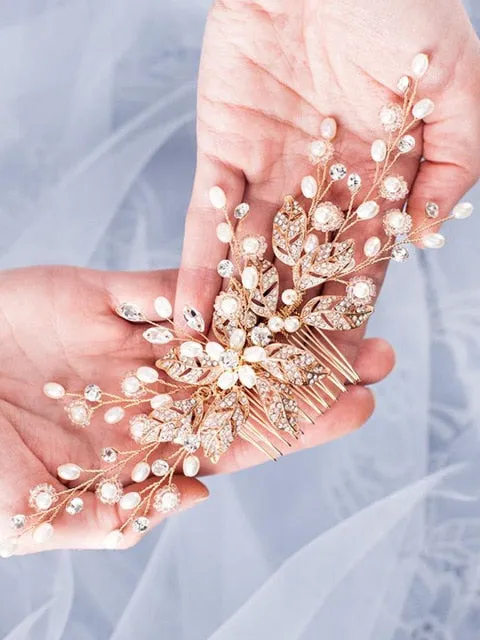 Trendy Leaf Pearl Rose Gold Hair Comb