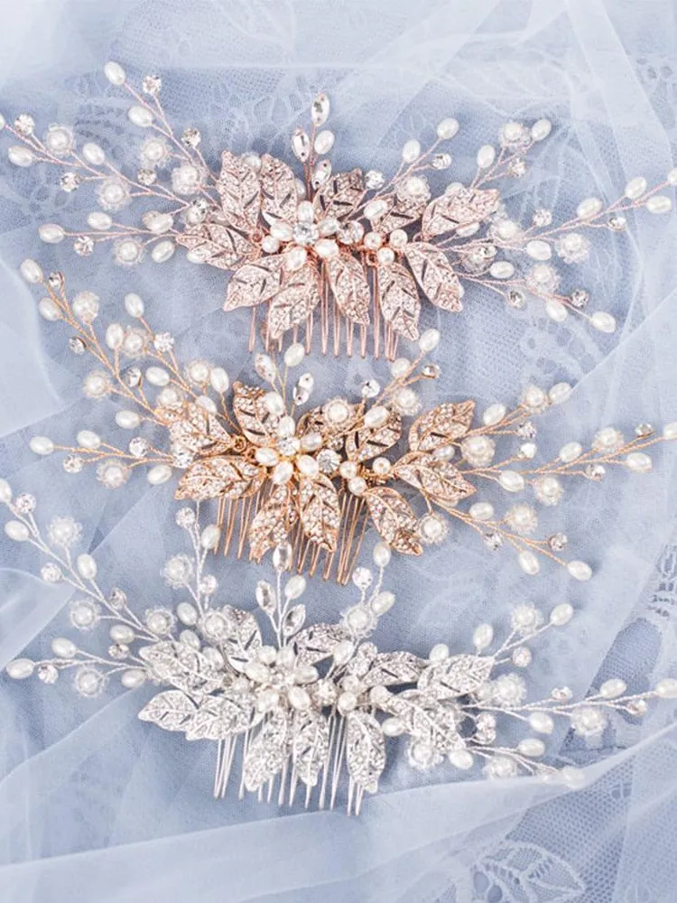 Trendy Leaf Pearl Rose Gold Hair Comb