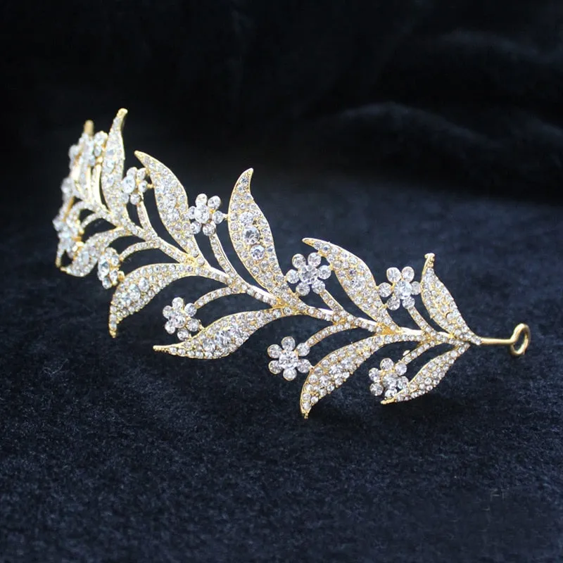Vintage Crystal Flower and Leaves Tiara Wedding Headband