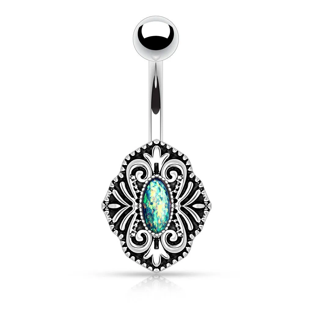Vintage Glitter Green Opal Belly Ring