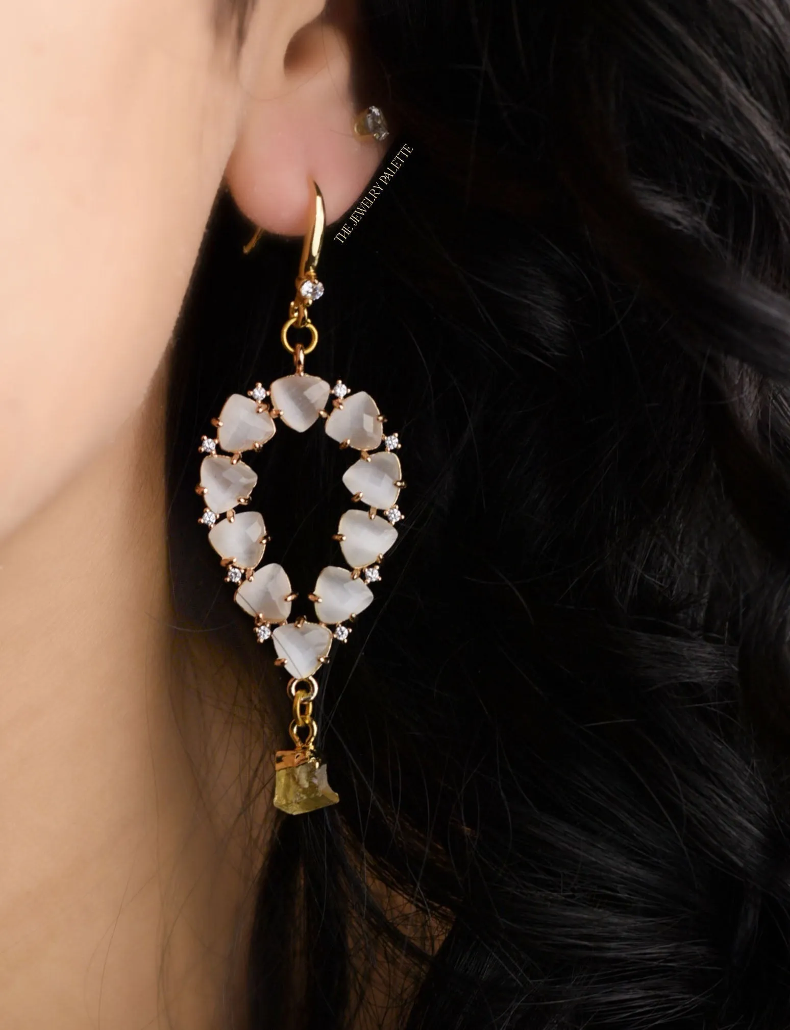 Yara white stones with gold edged sapphire drop earrings