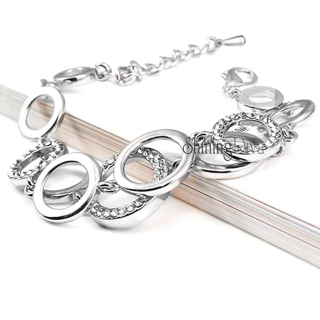 Yellow Chimes Silver Bracelet for Women Circles of Love Silver Plated Crystal Studded Chain Bracelet for Women and Girls