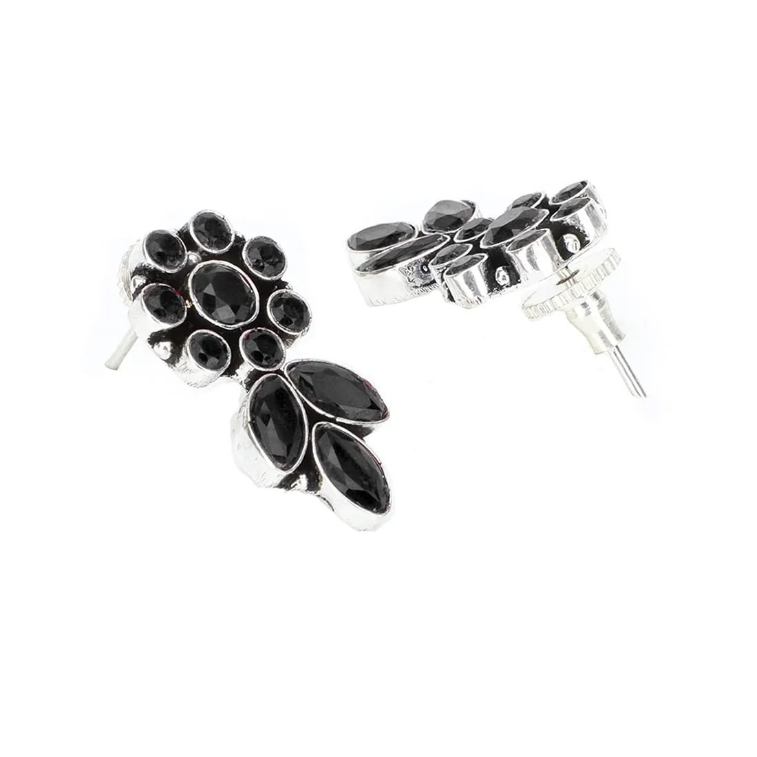 Yellow Chimes Stud Earrings for Women Ethnic Silver Oxidised Earrings Black Floral & Leaf Traditional Stud Earrings for Women And Girls.